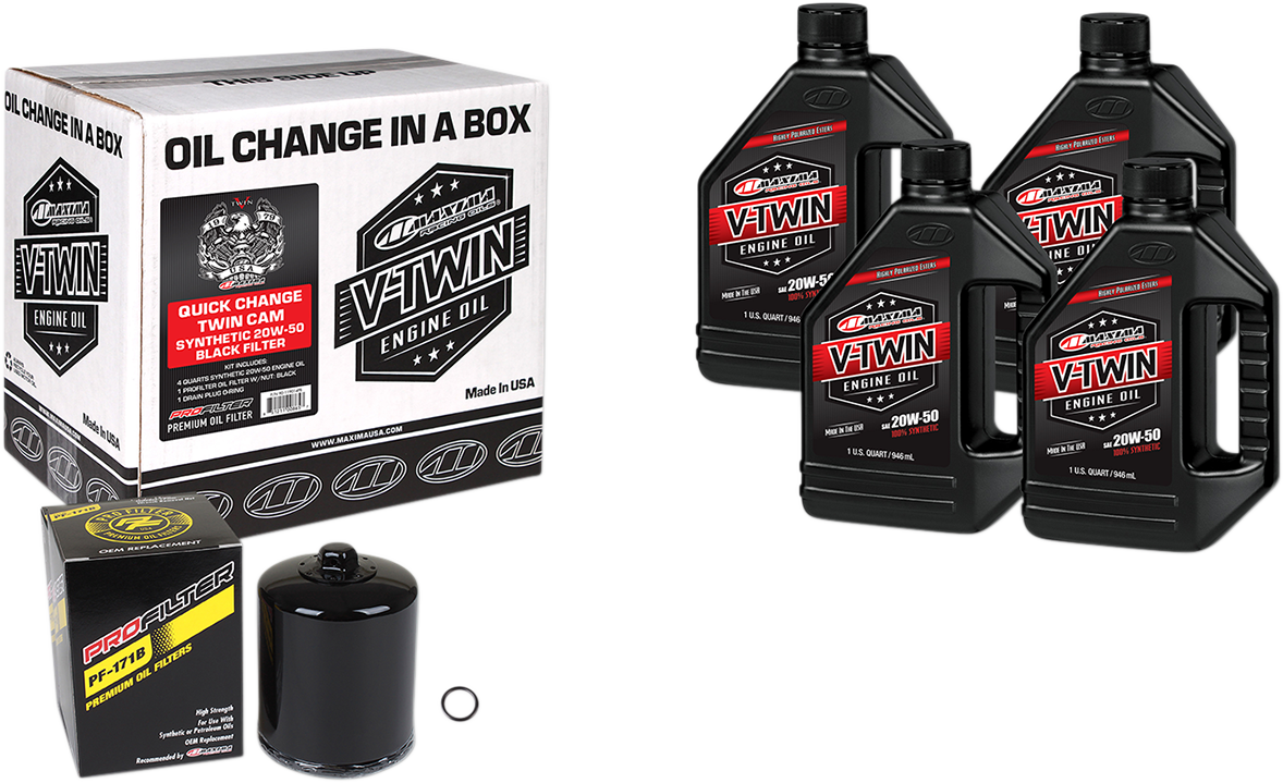 Maxima Racing Oil Quick Change Twin Cam Synthetic 20W-50 Oil Change Kit - Black Filter | 90119014PB — supplier product image; verify listed configuration