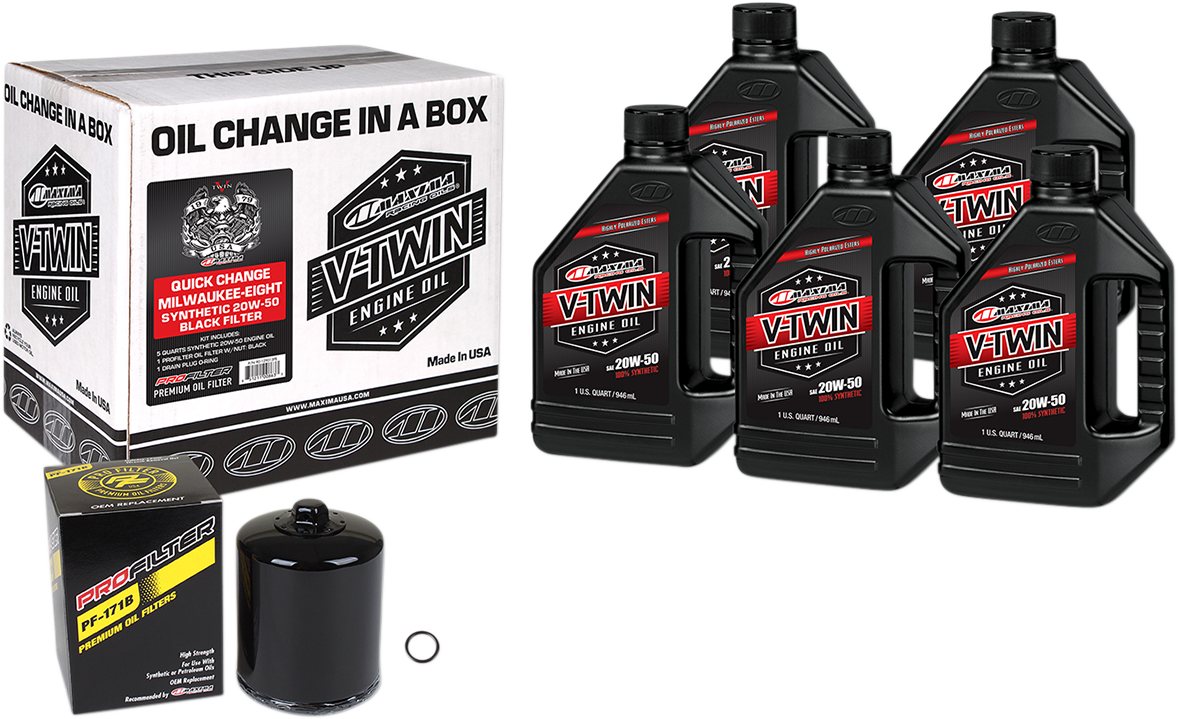 Maxima Racing Oil Quick Change M8 Synthetic 20W-50 Oil Change Kit - Black Filter | 90129015PB — supplier product image; verify listed configuration